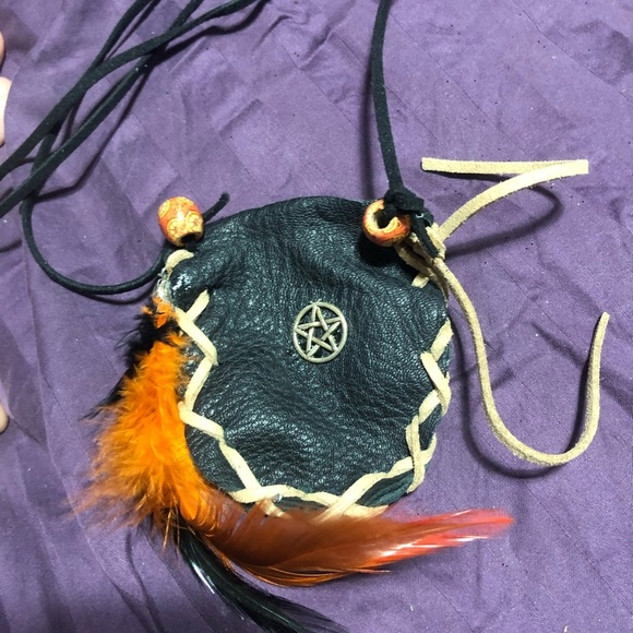 Black Leather Pouch with Orange Feather Accents - Picture 5 of 7